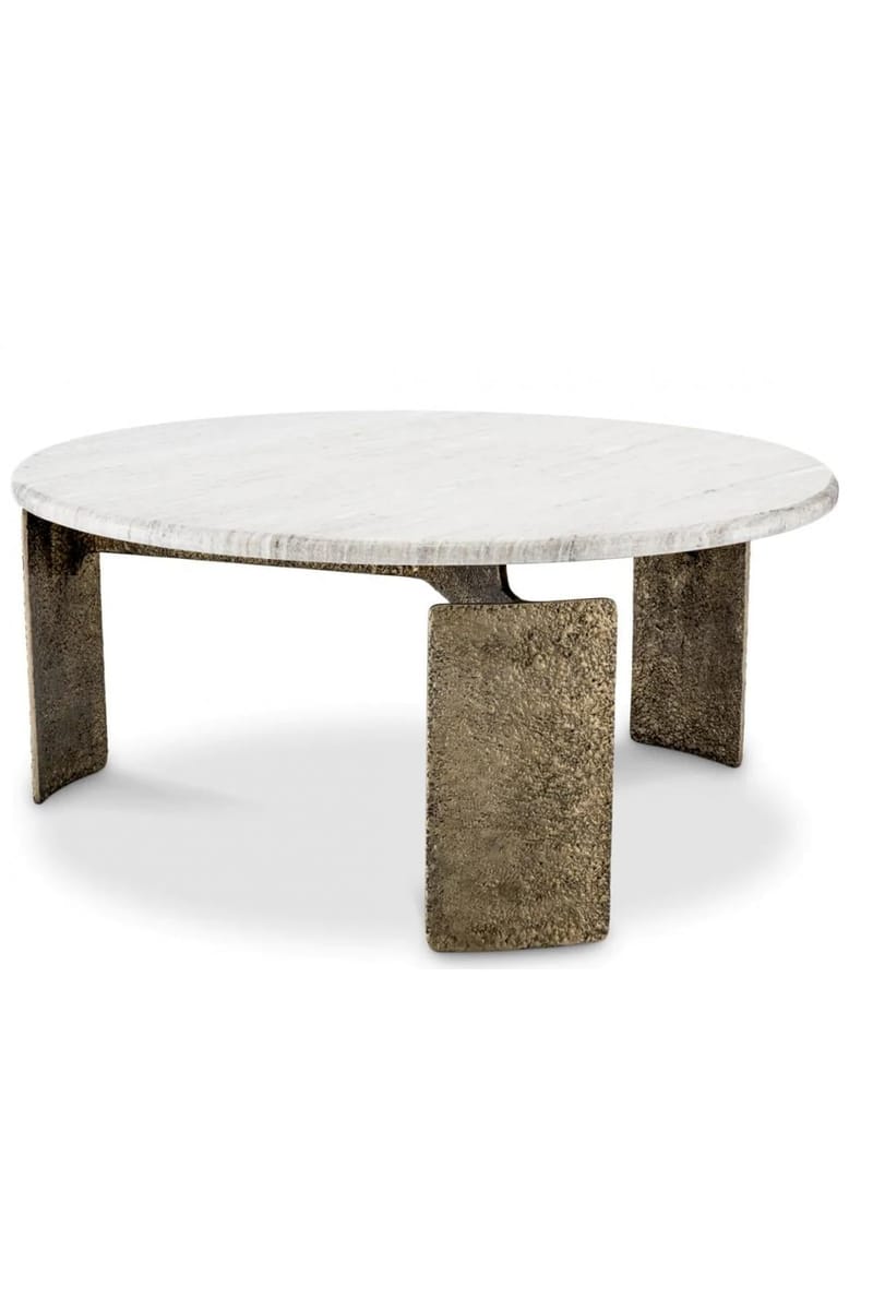 Luxury Antique Brass Finish Coffee Table With Round Beige Marble Top