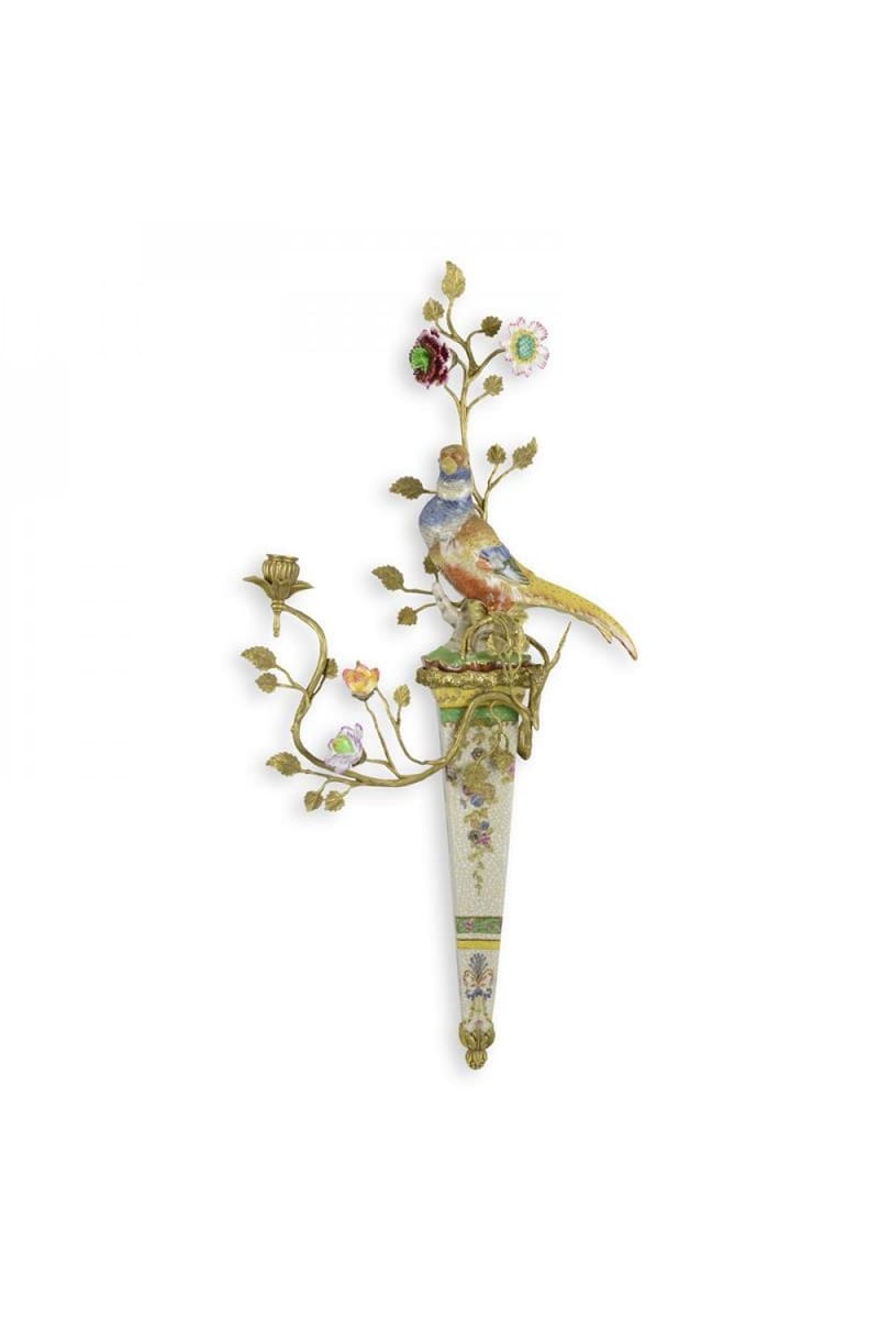 Luxury Bronze Mounted Porcelain Floral Bird Wall Candle Holder