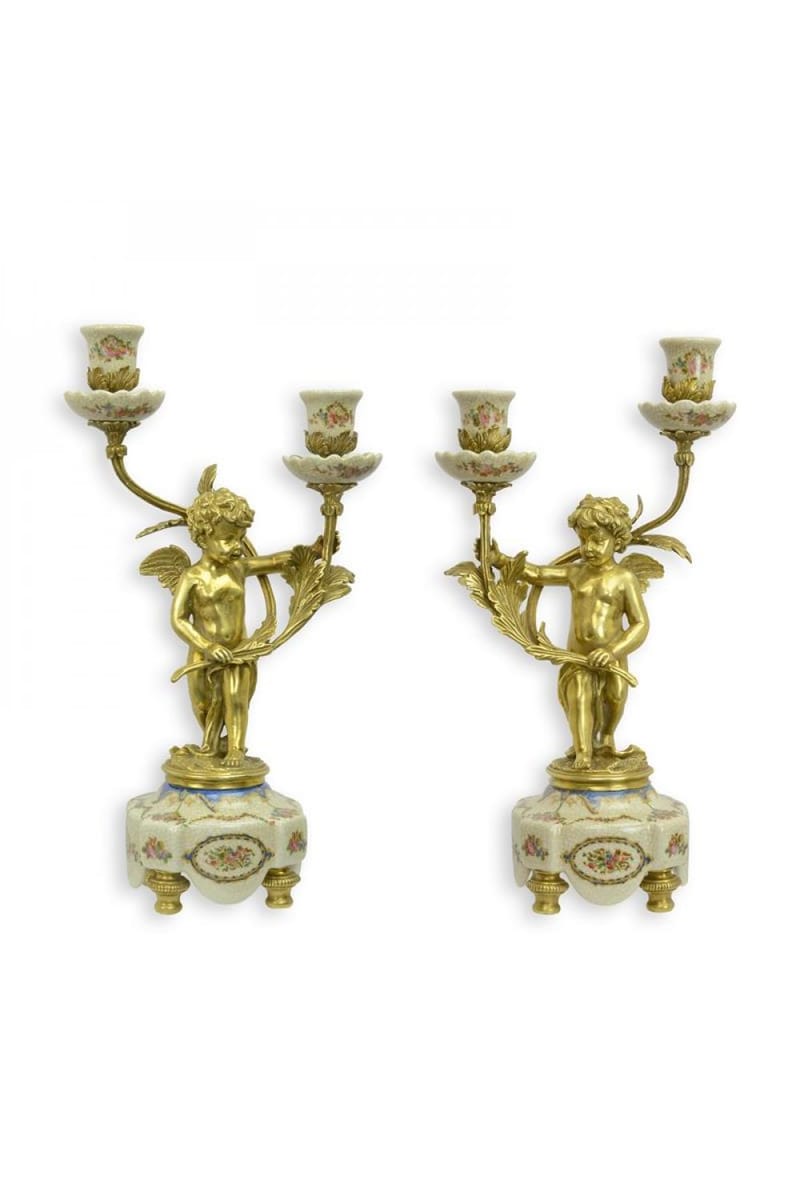 Luxury Bronze Mounted Porcelain Pair Two-Branch Candelabra