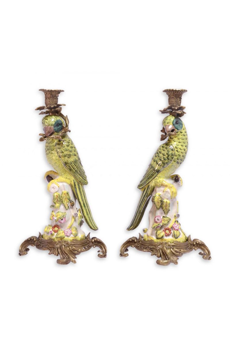 Luxury Bronze Mounted Porcelain Pair Parrot Candle Holders