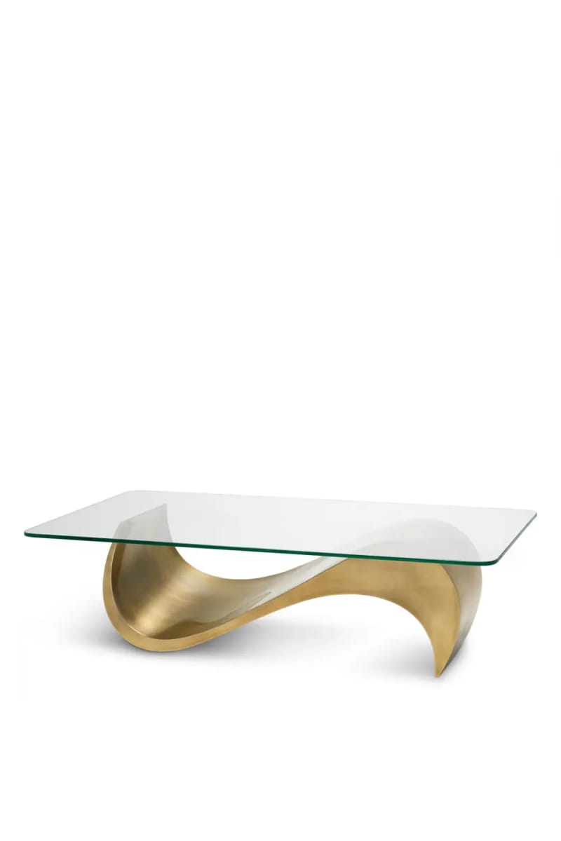 Luxury Rectangular Glass Top Coffee Table with S-Shaped Brass Base
