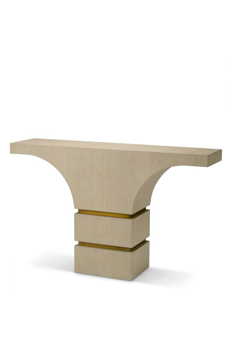 Luxury Off White Washed Oak Veneer Console Table with Brass Base