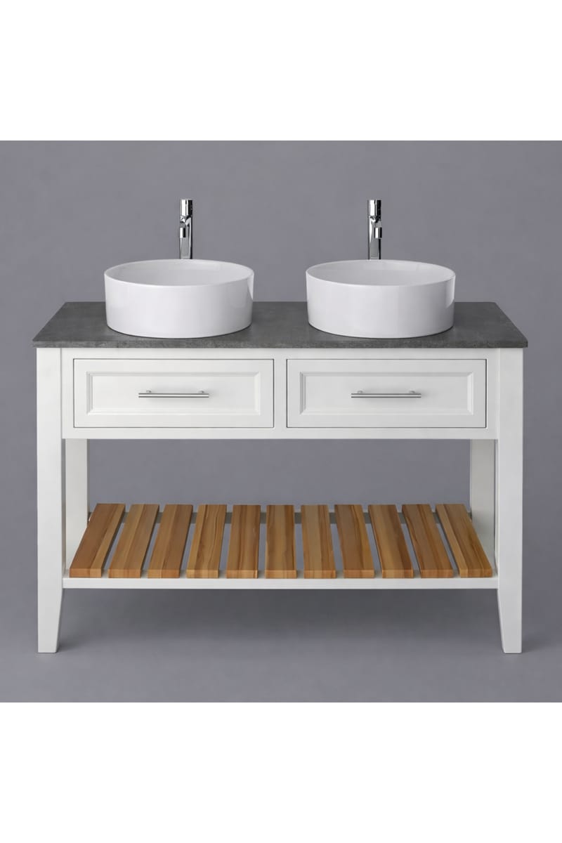 Luxury Chantilly Finish Double Basin Washstand with Two Drawers and Open Wood Storage Shelf – 120 CM
