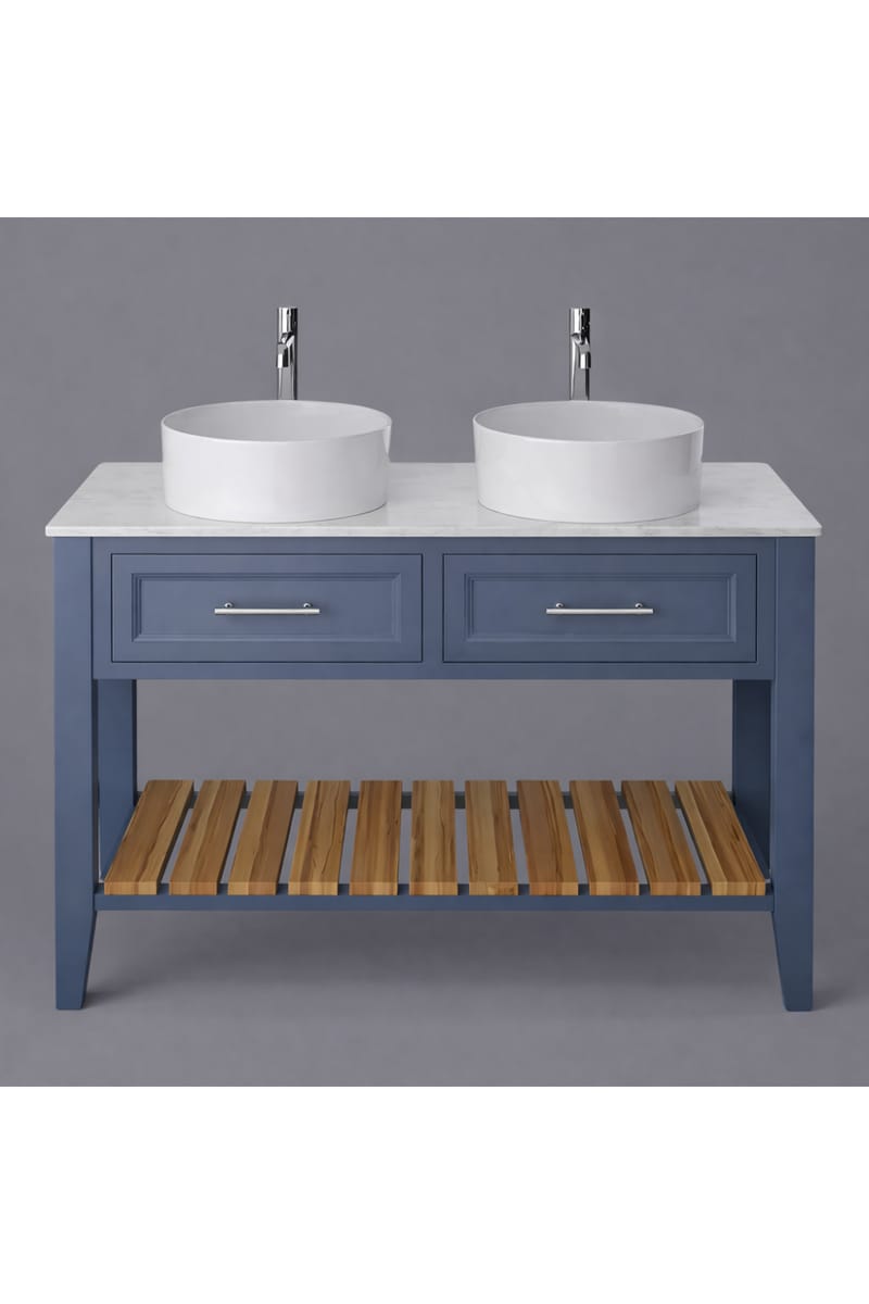 Luxury Maritime Blue Finish Double Basin Washstand with Two Drawers and Open Wood Storage Shelf – 120 CM