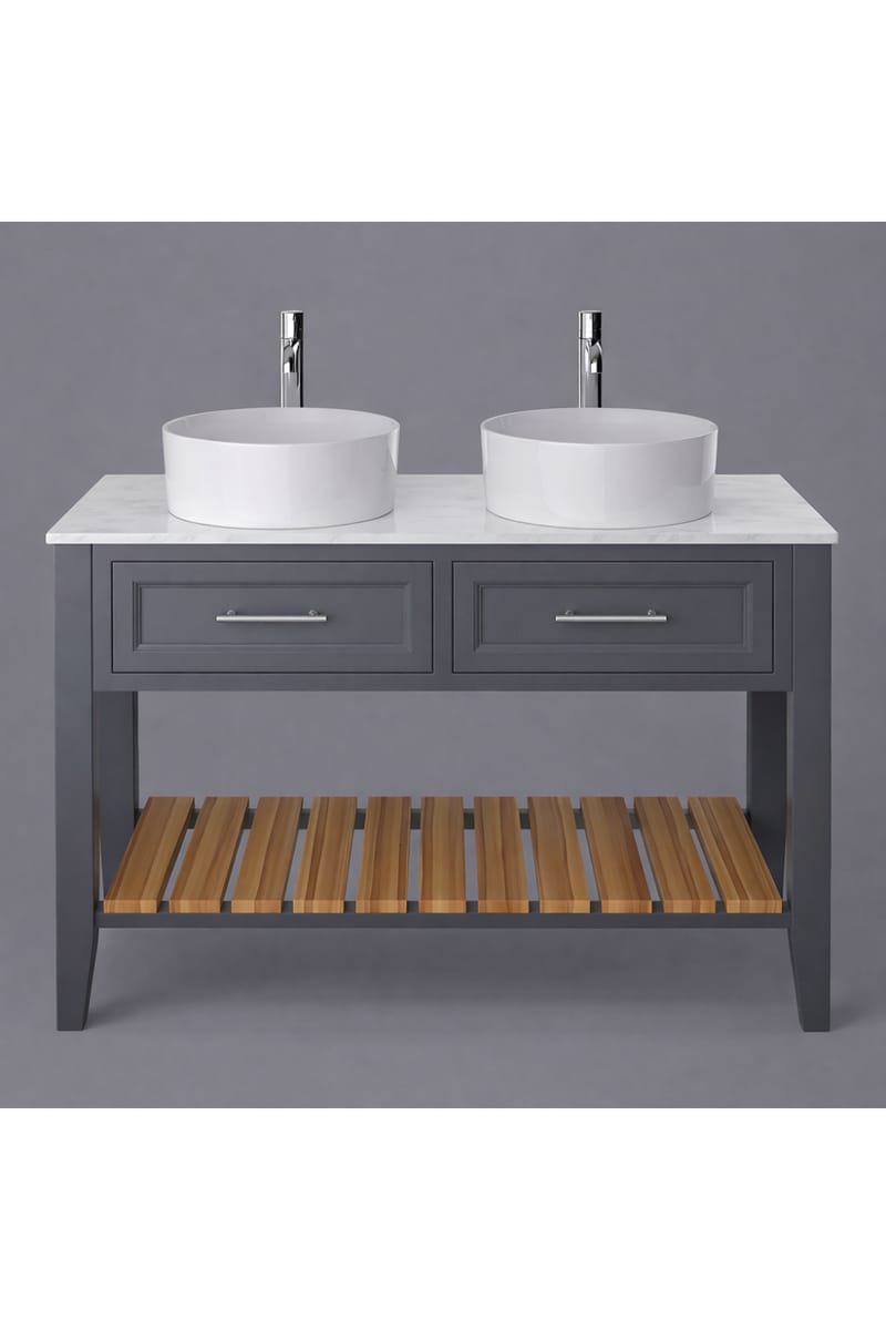 Luxury Graphite Finish Double Basin Washstand with Two Drawers and Open Wood Storage Shelf – 120 CM