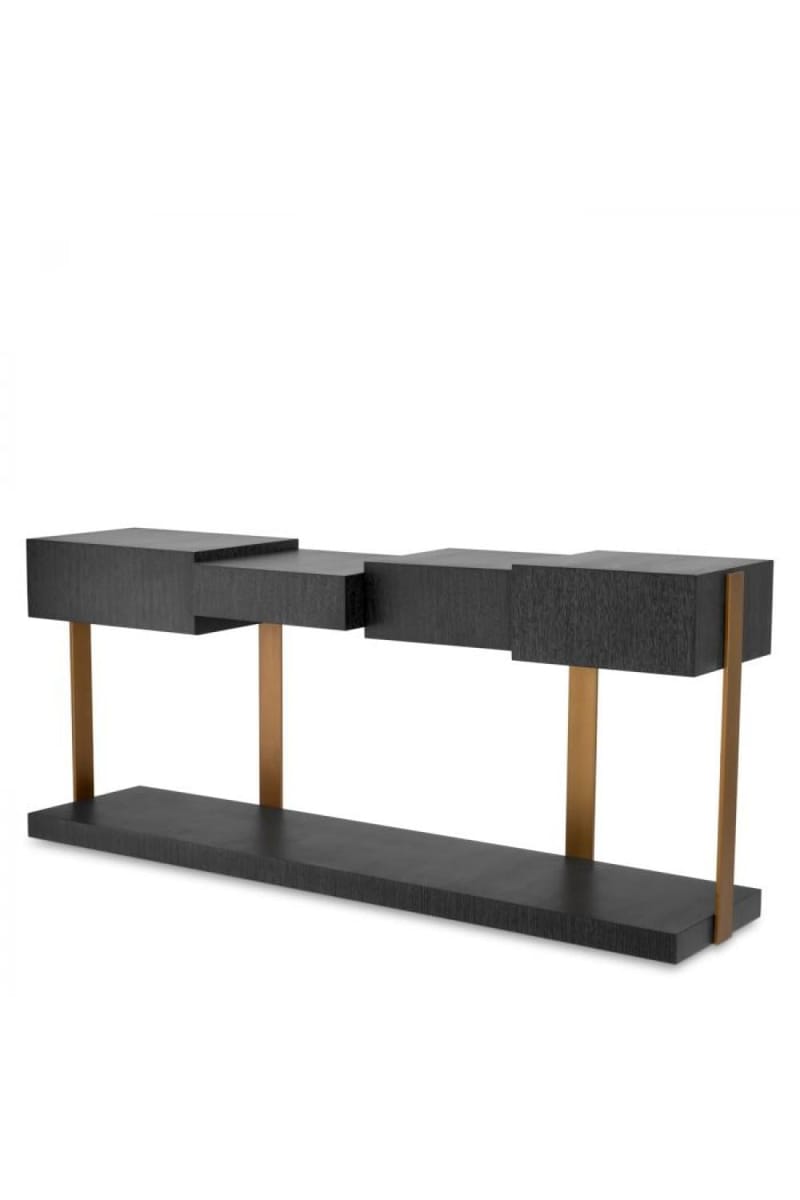 Luxury Black Oak Veneer Console Table with Brushed Brass Finish