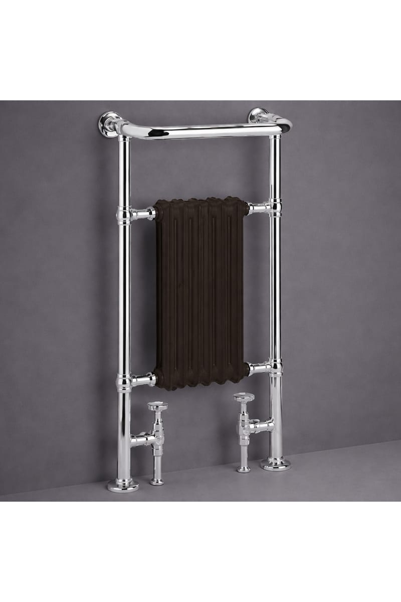 Luxury Chrome Floor Mounted Heated Towel Rail with Integrated Black Column Radiator – 94 CM