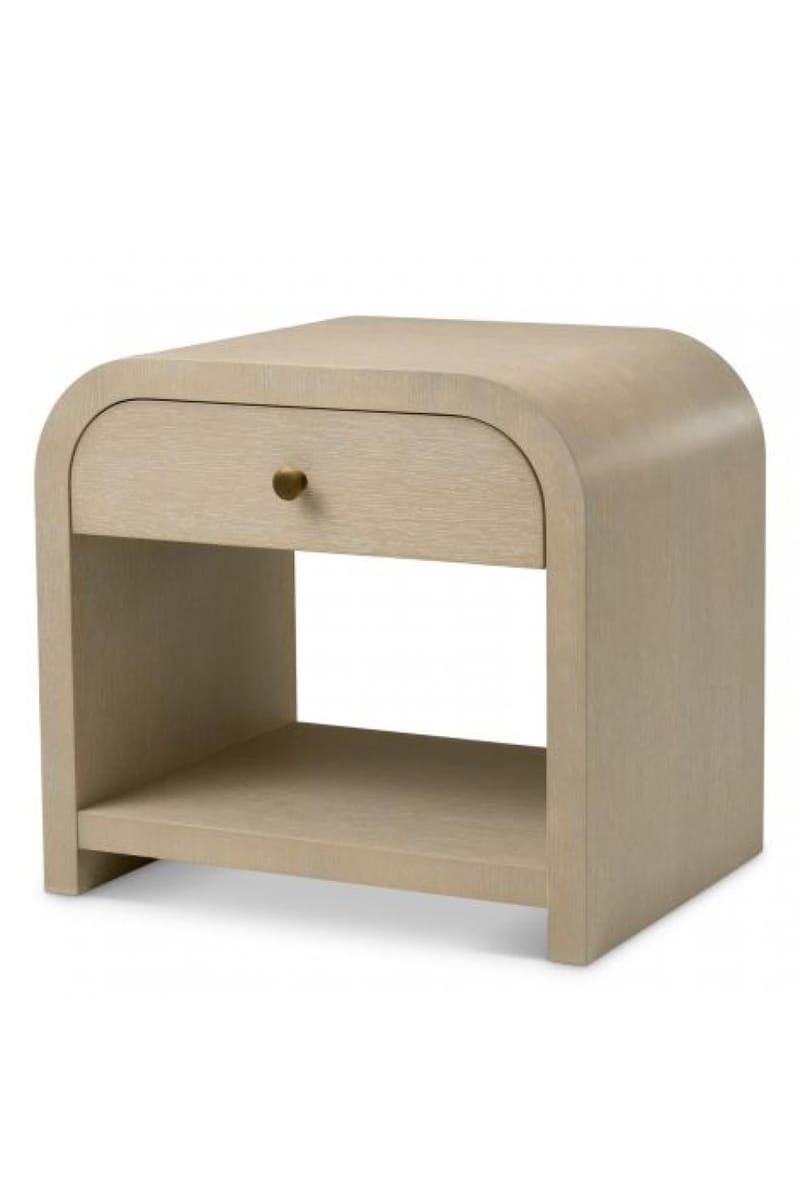 Luxury Beige Oak Veneer Nightstand with Brushed Brass Finish