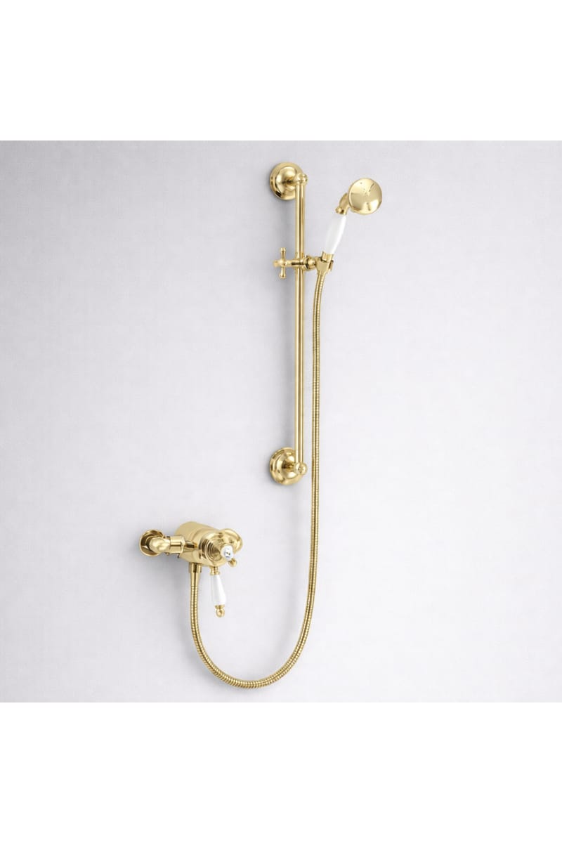 Luxury Exposed Thermostatic Dual Control Shower with Adjustable Flexible Riser Kit in Vintage Gold Plated Finish