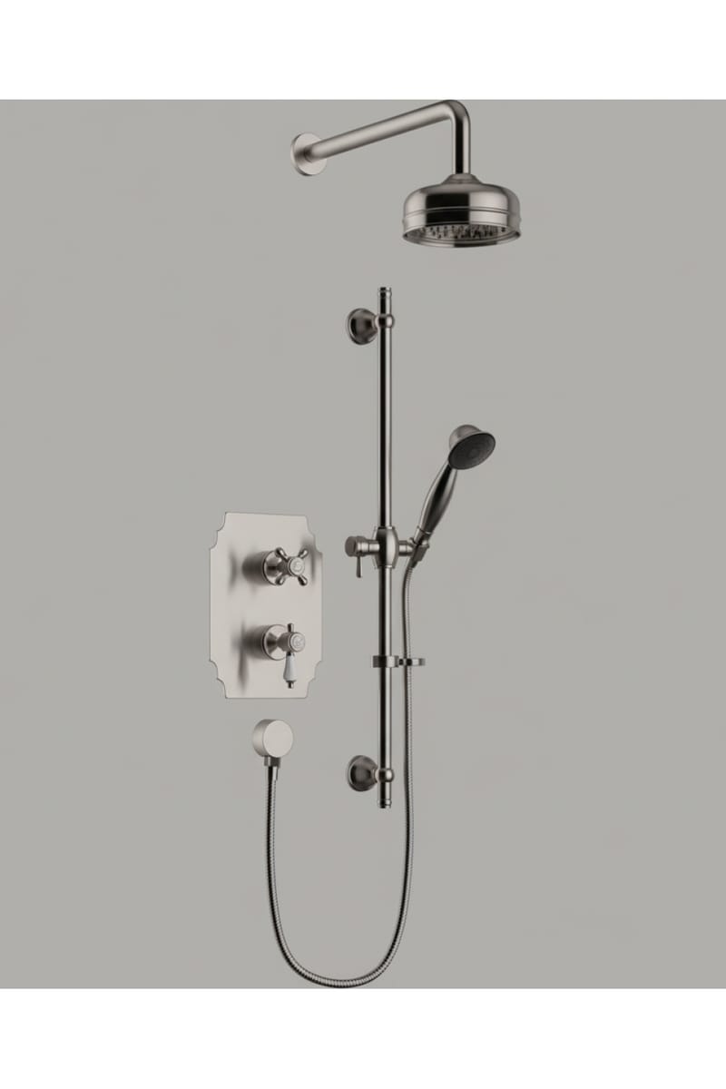 Luxury Concealed Thermostatic Dual Control Shower Valve with Fixed Head and Flexible Riser Kits in Brushed Nickel Finish