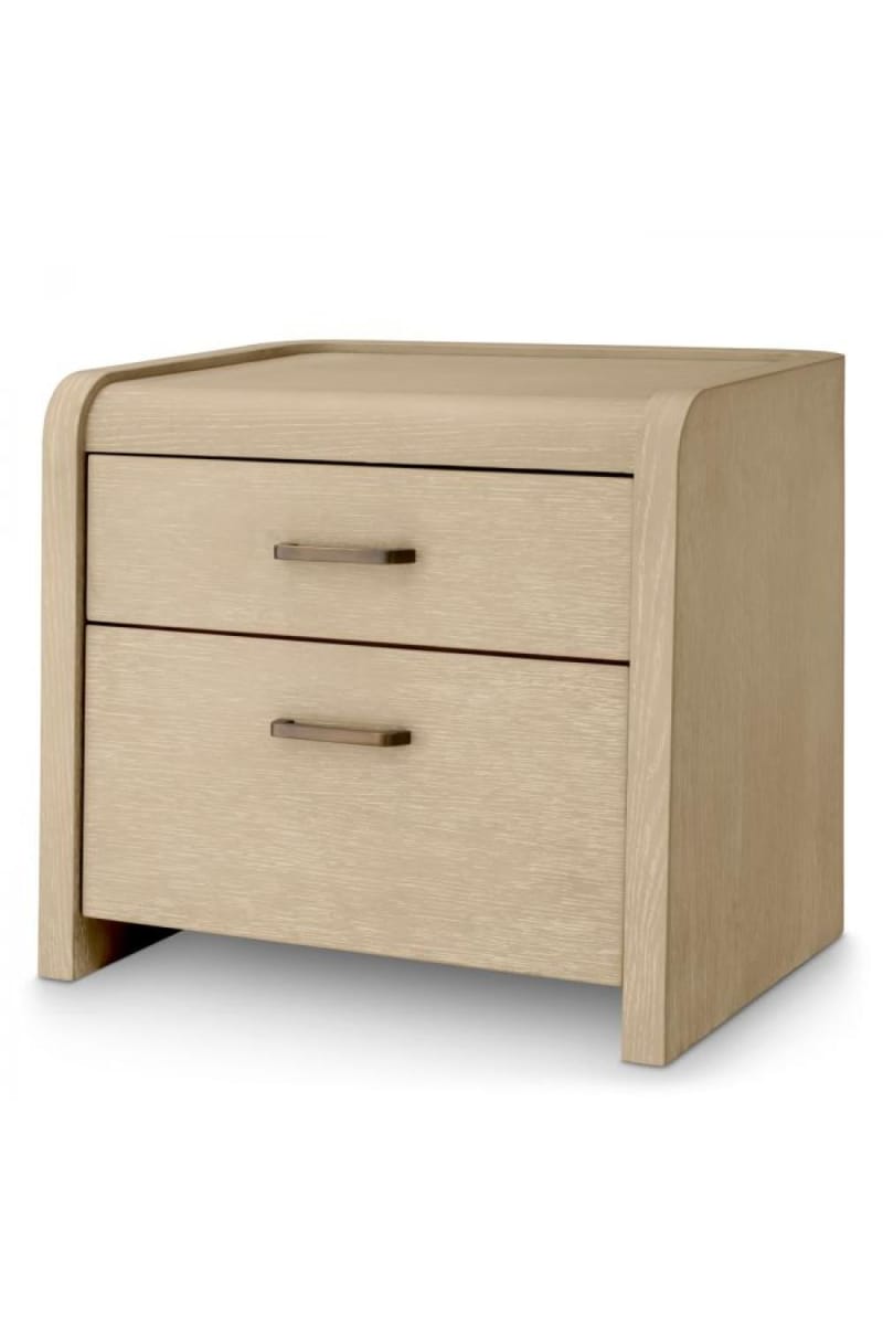 Luxury Beige Washed Oak Veneer Nightstand with Bronze Finish