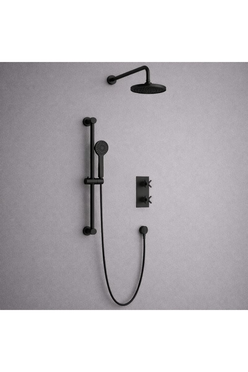 Luxury Concealed 2 Handle Thermostatic Shower Valve with Fixed Head & Multi-Function Handset in Matt Black Finish