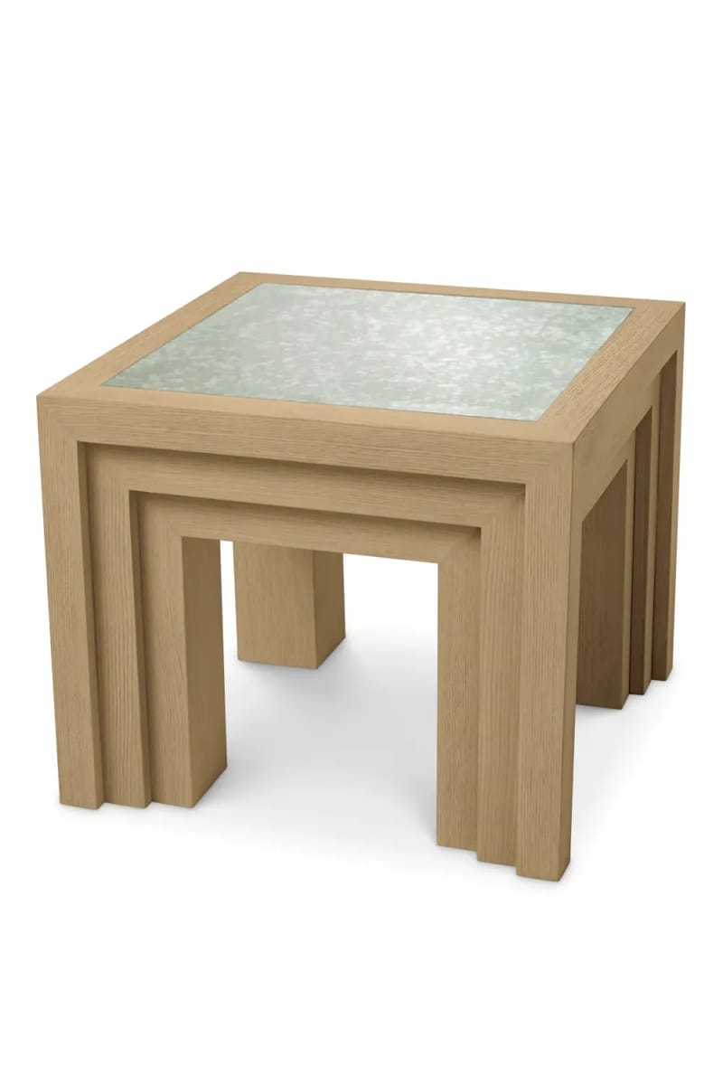 Luxury Beige Rectangular Wooden Side Table with Glass Table Top