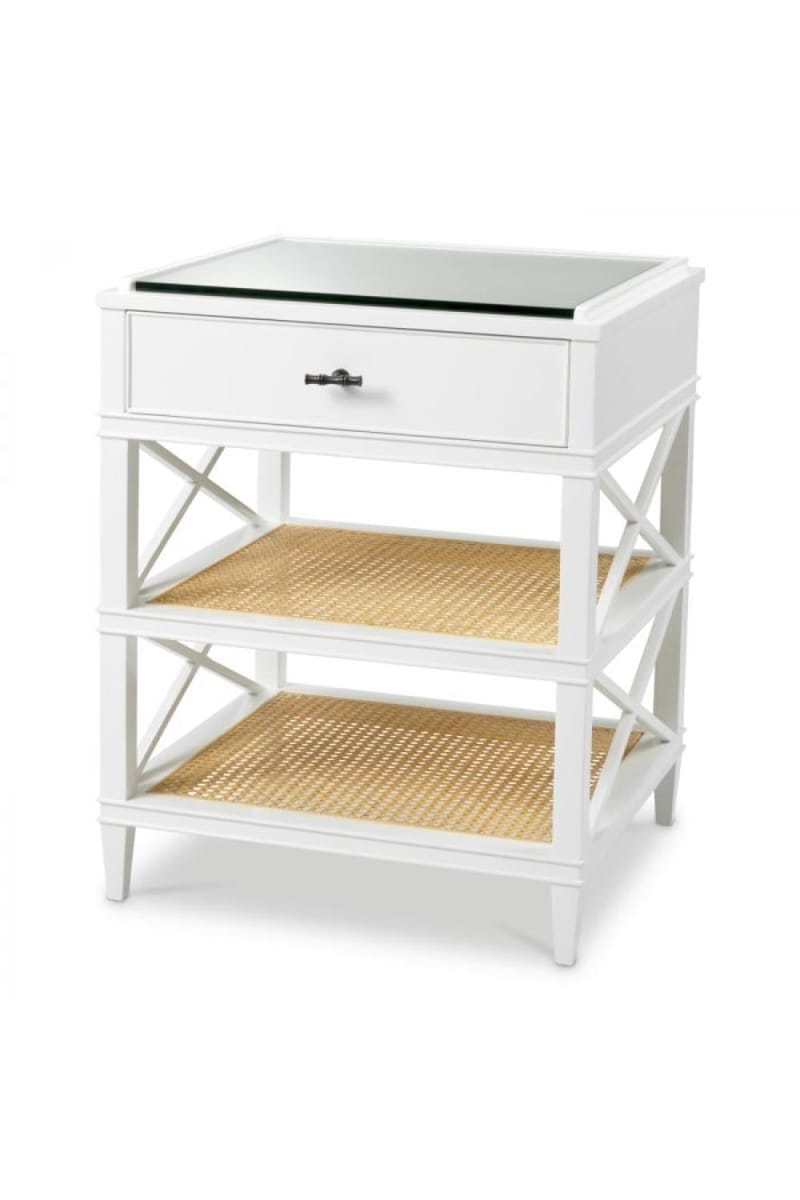 Luxury Piano White Mahogany Side Table with Glass Top