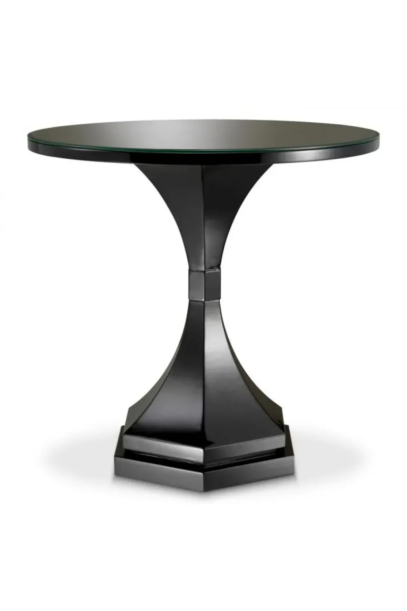 Luxury Piano Black Finish Art deco Round Side Table with Clear Glass Top
