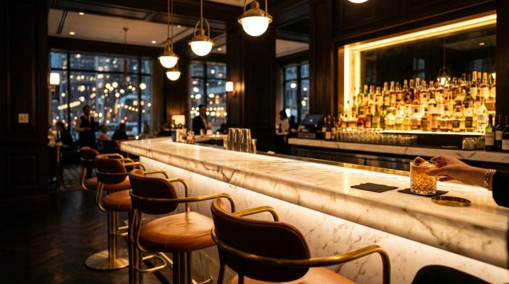 Hotel Bar Furniture That Pays for Itself: The ROI of Marble, Sculptural Stools & Backlit Displays