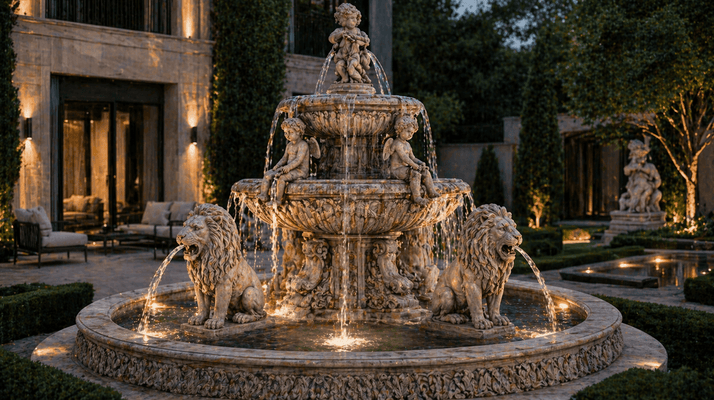 Comment les fontaines ornées de lions et de chérubins créent une symphonie sensorielle spectaculaire dans les jardins modernes