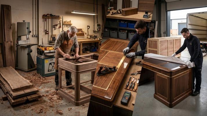 Blick in die Werkstatt: Die 200‑Stunden-Reise eines Executive-Schreibtischs (Vom Rohholz bis zur White-Glove-Lieferung)