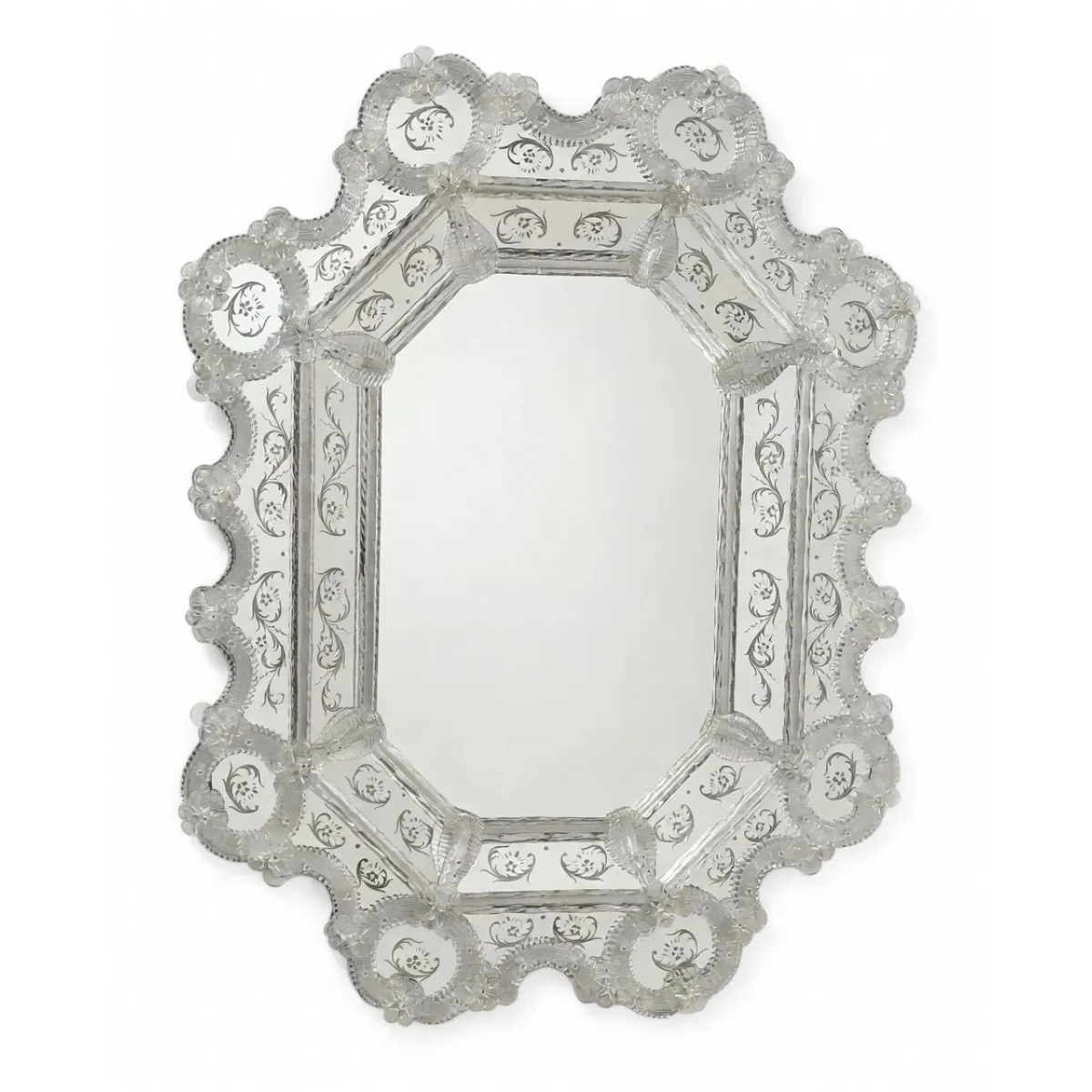 Luxury Silver Baroque Venetian Style Wall Mirror with Hand-Etched Crystal Glass Frame Front View by Luxury Group International