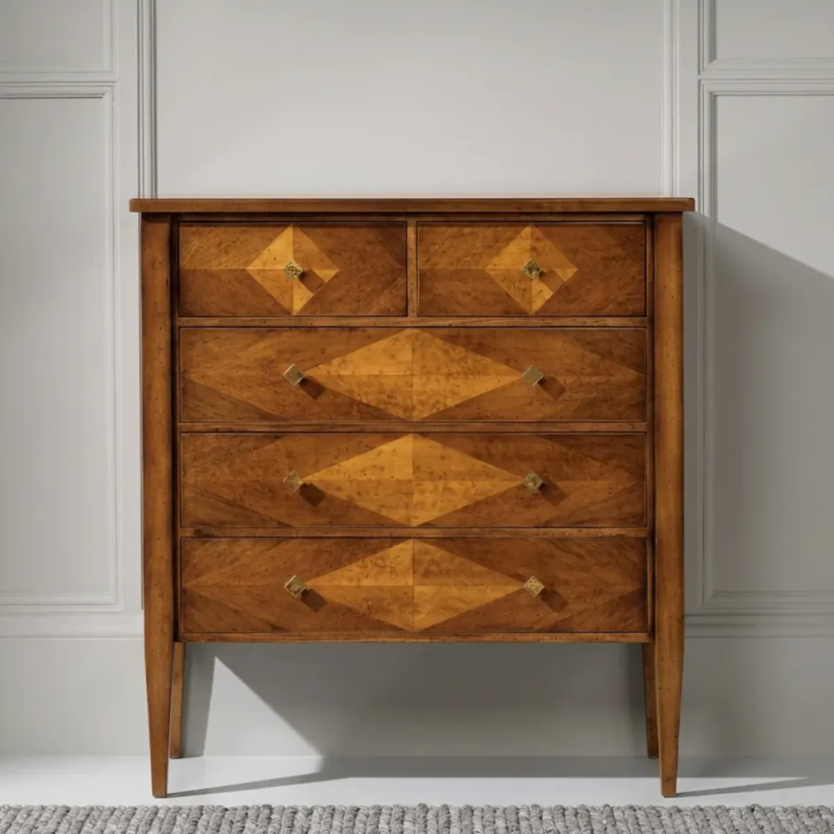 Luxury Wooden Chest of Drawers with Geometric Inlay Pattern & Five-Drawer Storage Cabinet Front View by Luxury Group International