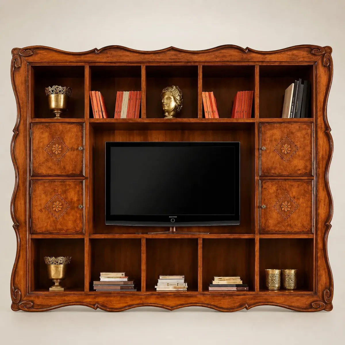 Baroque Luxury Wooden Television Unit with Floral Inlay Cabinets & Multi-Shelf Display Front View by Luxury Group International