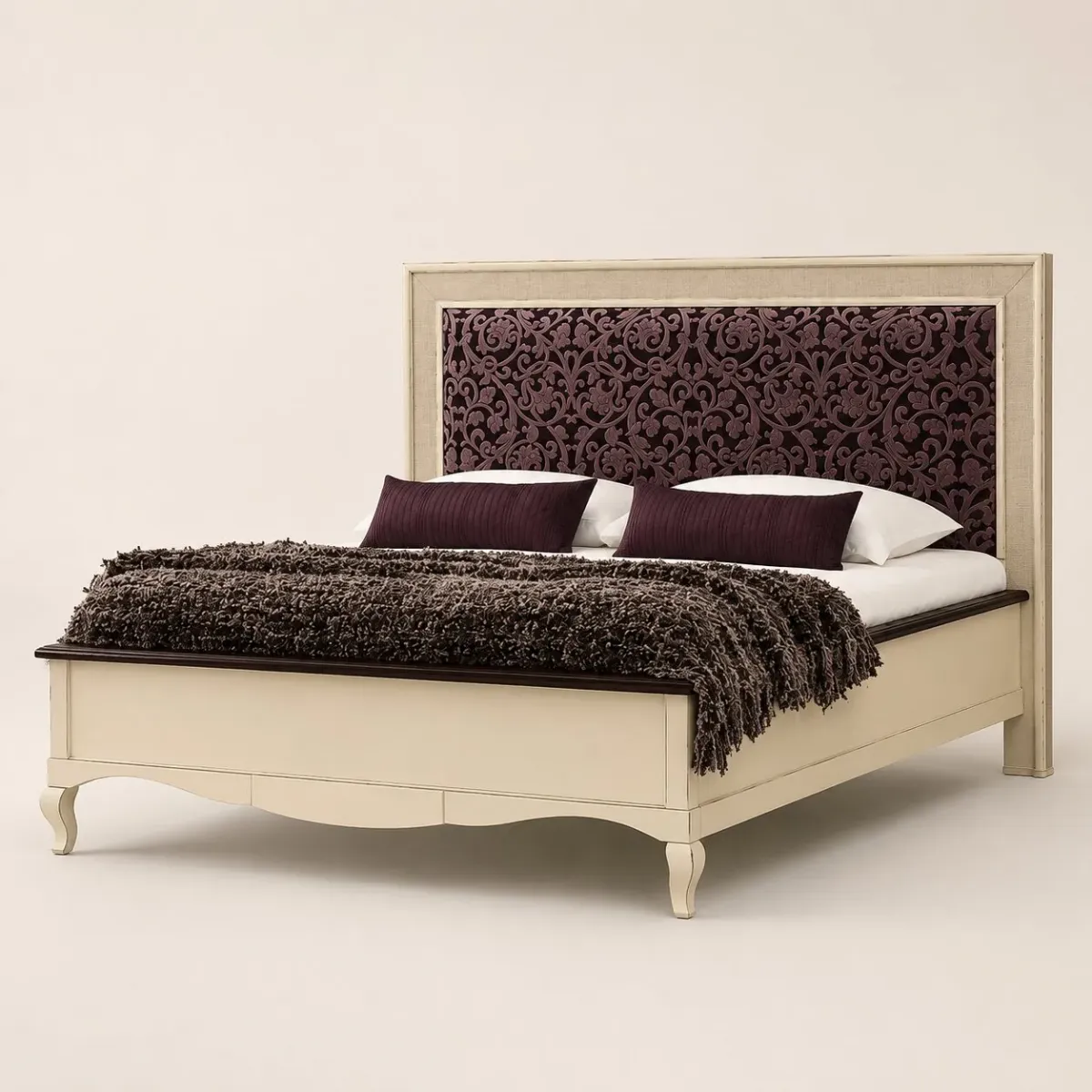 Designer Luxury Bed with Floral Embossed Dark Purple Velvet Headboard in Ivory Base Front View by Luxury Group International