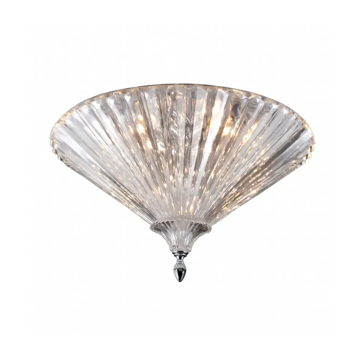 Elegante Lampada a Sospensione Art Deco in Vetro Trasparente Lucido con Paralume a Conchiglia Righettato Vista frontale di Luxury Group International