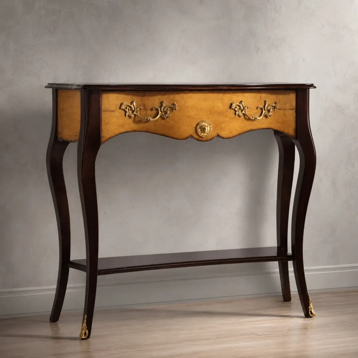 Luxury Baroque Console Table with Decorative Center Drawer in Dark Walnut and Honey Finish Front View by Luxury Group International