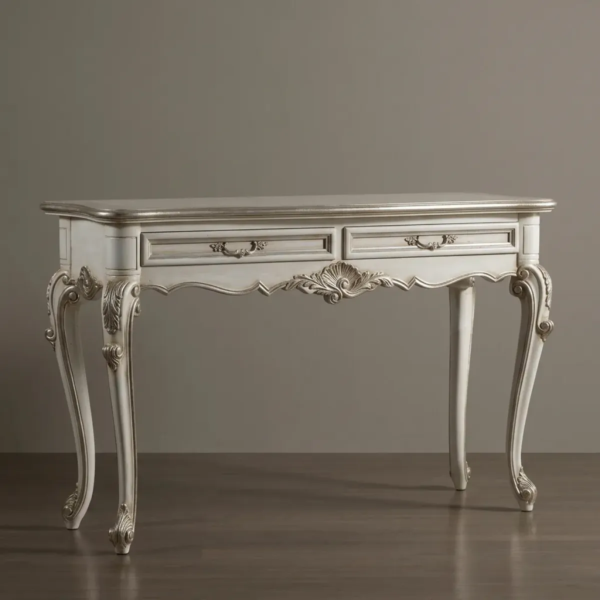 Luxury Baroque Console Table with Twin Drawers in Antique Ivory Finish Front View by Luxury Group International