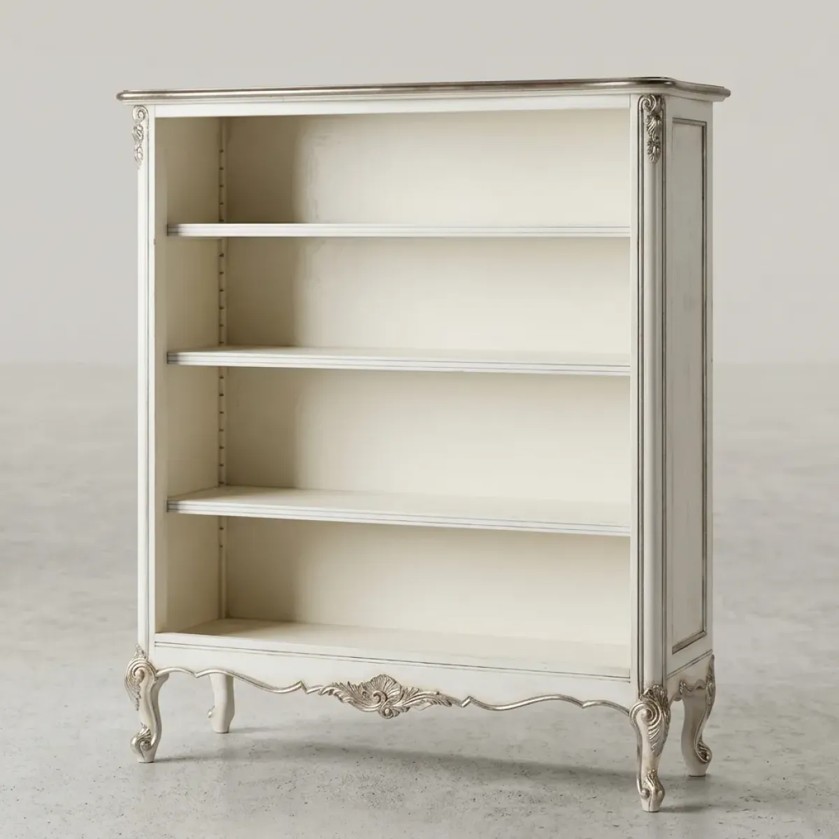 Luxury Baroque Open Display Shelve Cabinet with Hand-Carved Cabriole Legs in Ivory Finish Front View by Luxury Group International