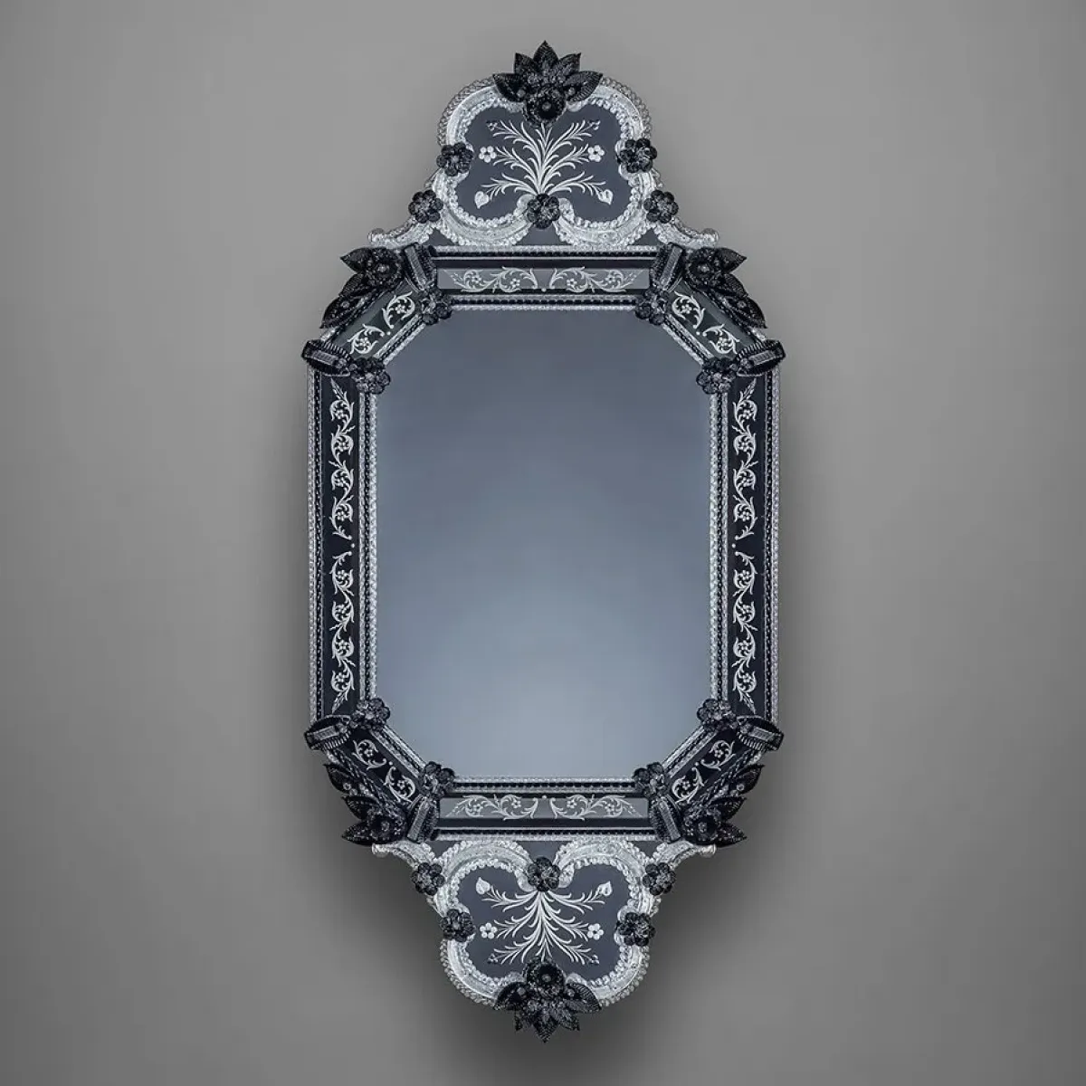 Luxury Baroque Venetian Style Black Glass Wall Mirror with Etched Silver Floral Details Front View by Luxury Group International