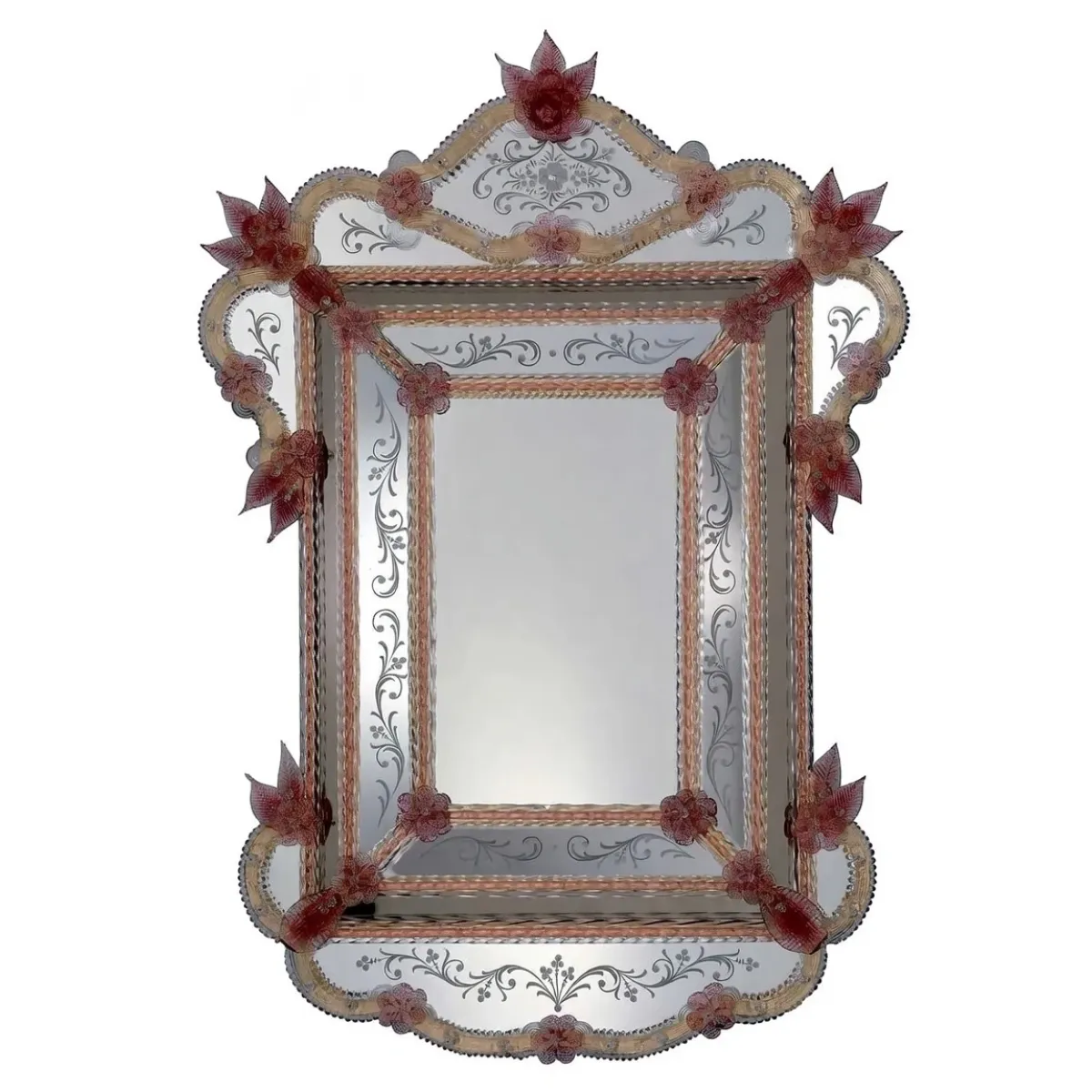 Luxury Baroque Venetian Style Floral Glass Wall Mirror with Pink Rosette & Crown Crest Accents Front View by Luxury Group International