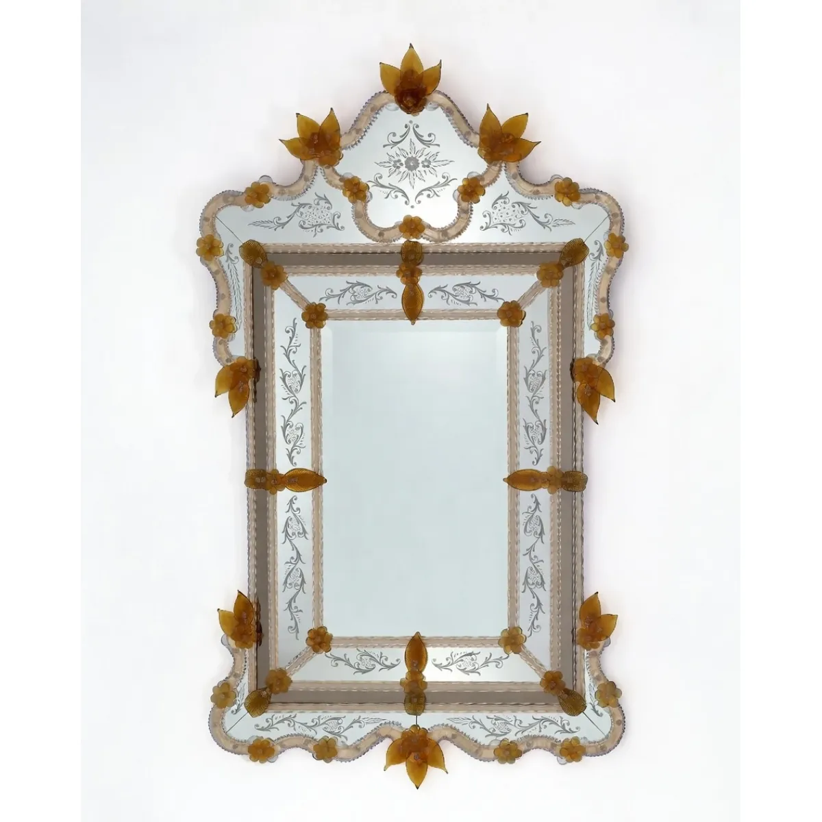 Luxury Baroque Venetian Style Glass Wall Mirror with Amber Gold Floral Accents & Ornate Crown Crest Front View by Luxury Group International