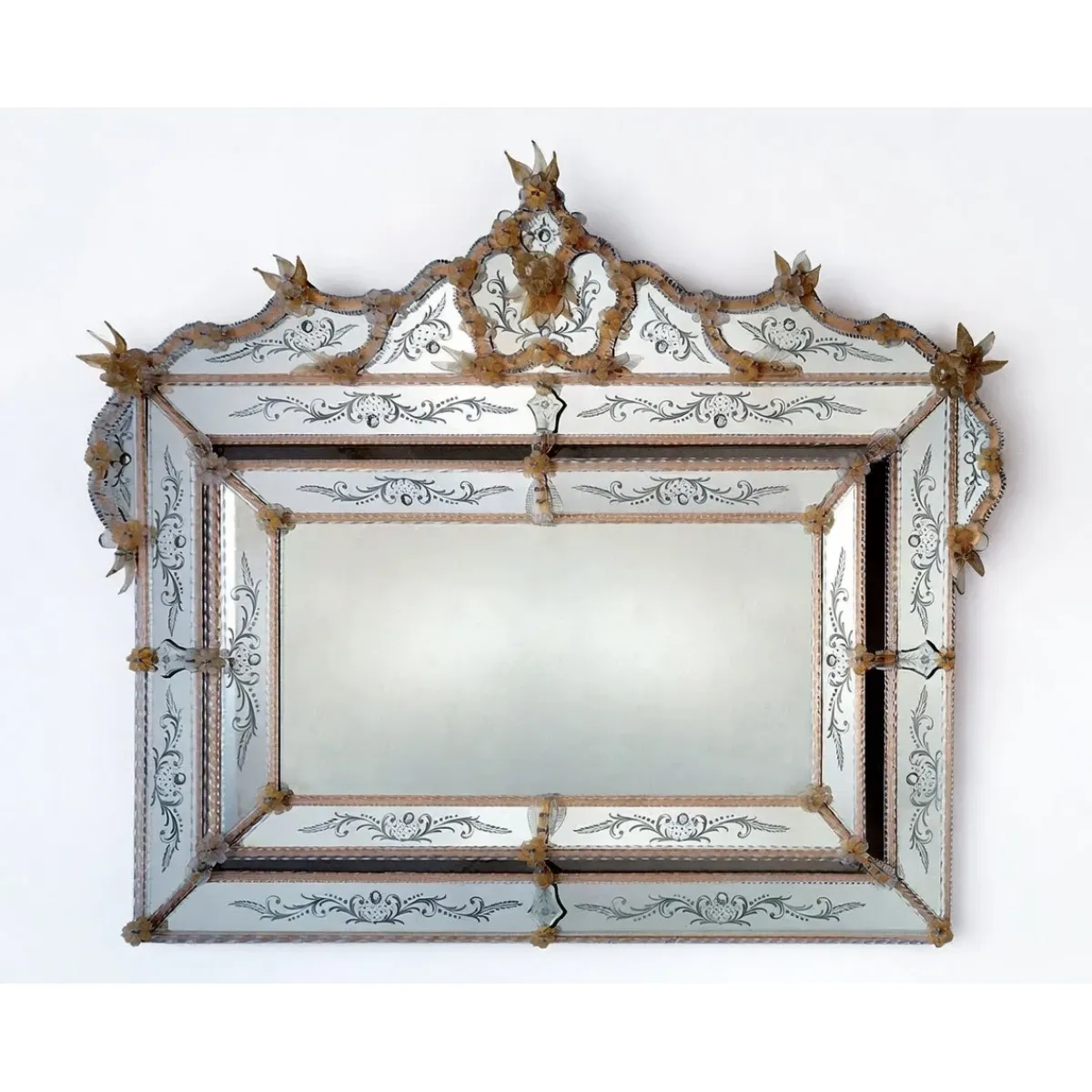 Luxury Baroque Venetian Style Large Horizontal Glass Wall Mirror with Ornate Crown Crest Front View by Luxury Group International