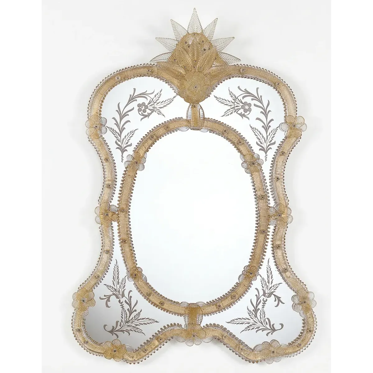 Luxury Baroque Venetian Style Oval Centre Glass Wall Mirror with Floral Ornate Crown Crest Front View by Luxury Group International