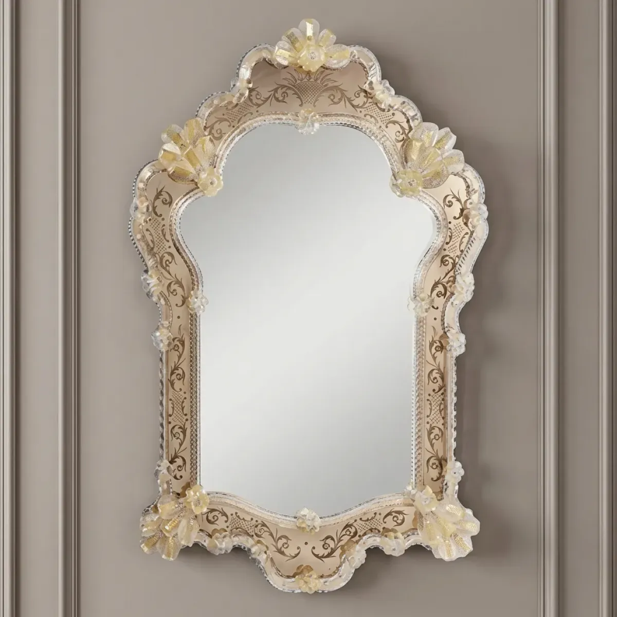 Luxury Baroque Venetian Style Wall Mirror with Champagne Gold Etched Glass Frame Front View by Luxury Group International
