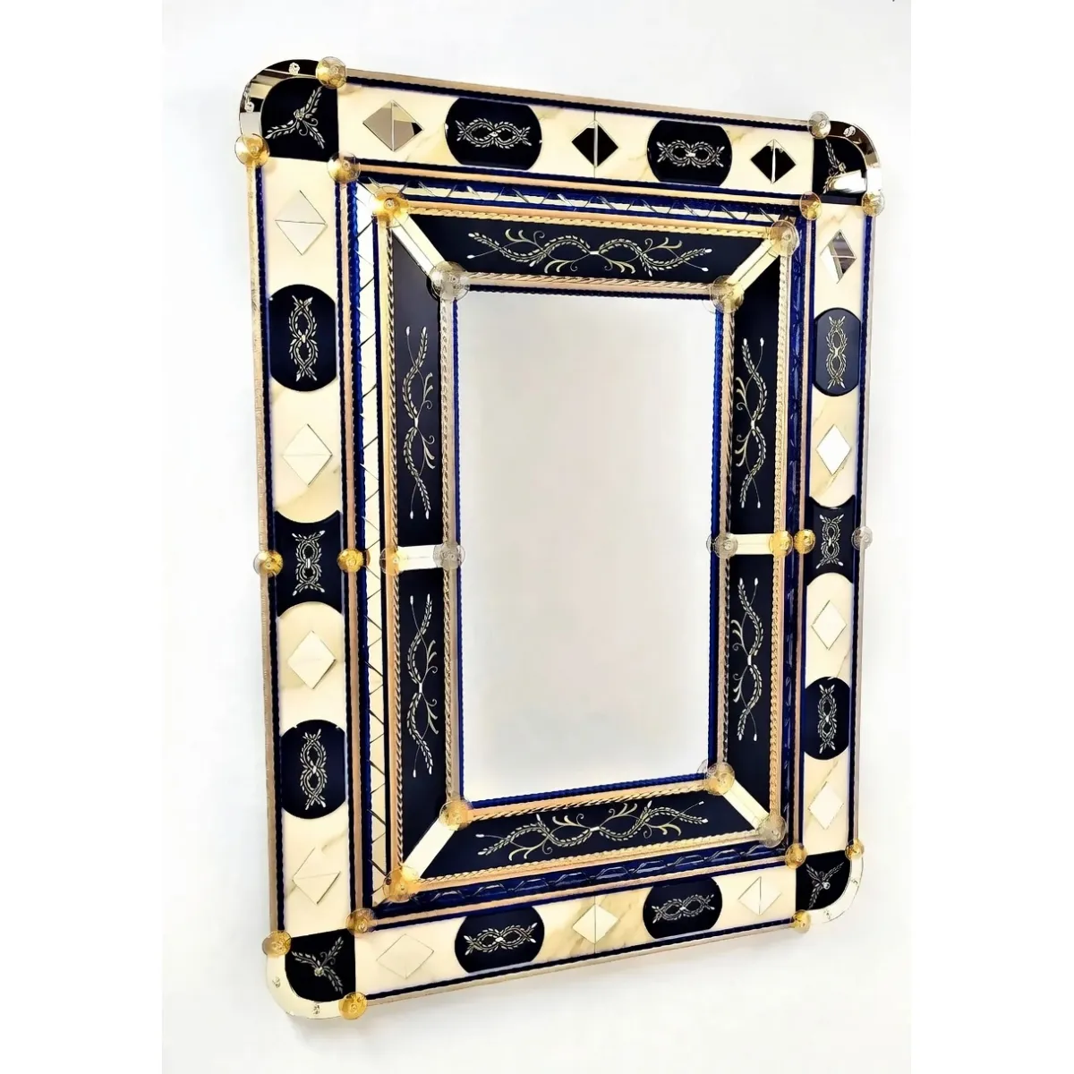 Luxury Baroque Venetian Style Wall Mirror with Royal Blue Glass Panels & Gold Rosette Accents Front View by Luxury Group International