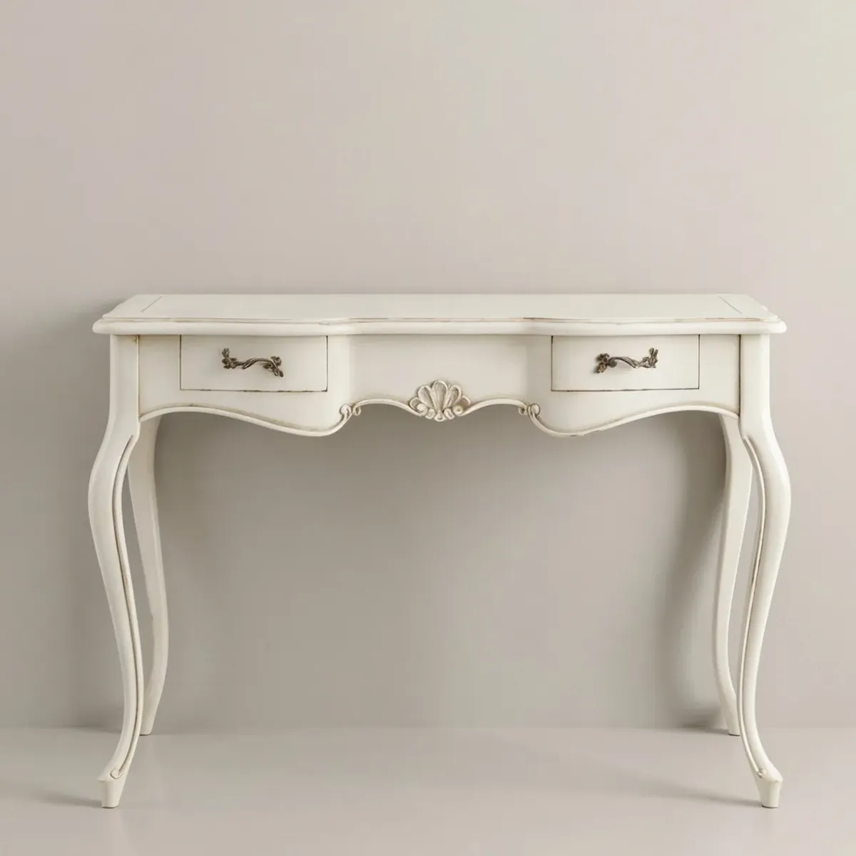 Luxury Baroque White Console Table with Cabriole Legs & Dual Drawer Storage Front View by Luxury Group International