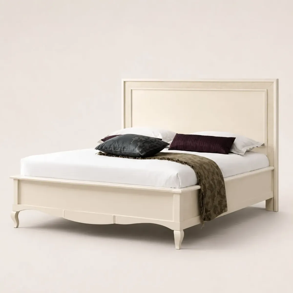 Luxury Bed with White Upholstered Panel Headboard In Ivory Base Frame Front View by Luxury Group International