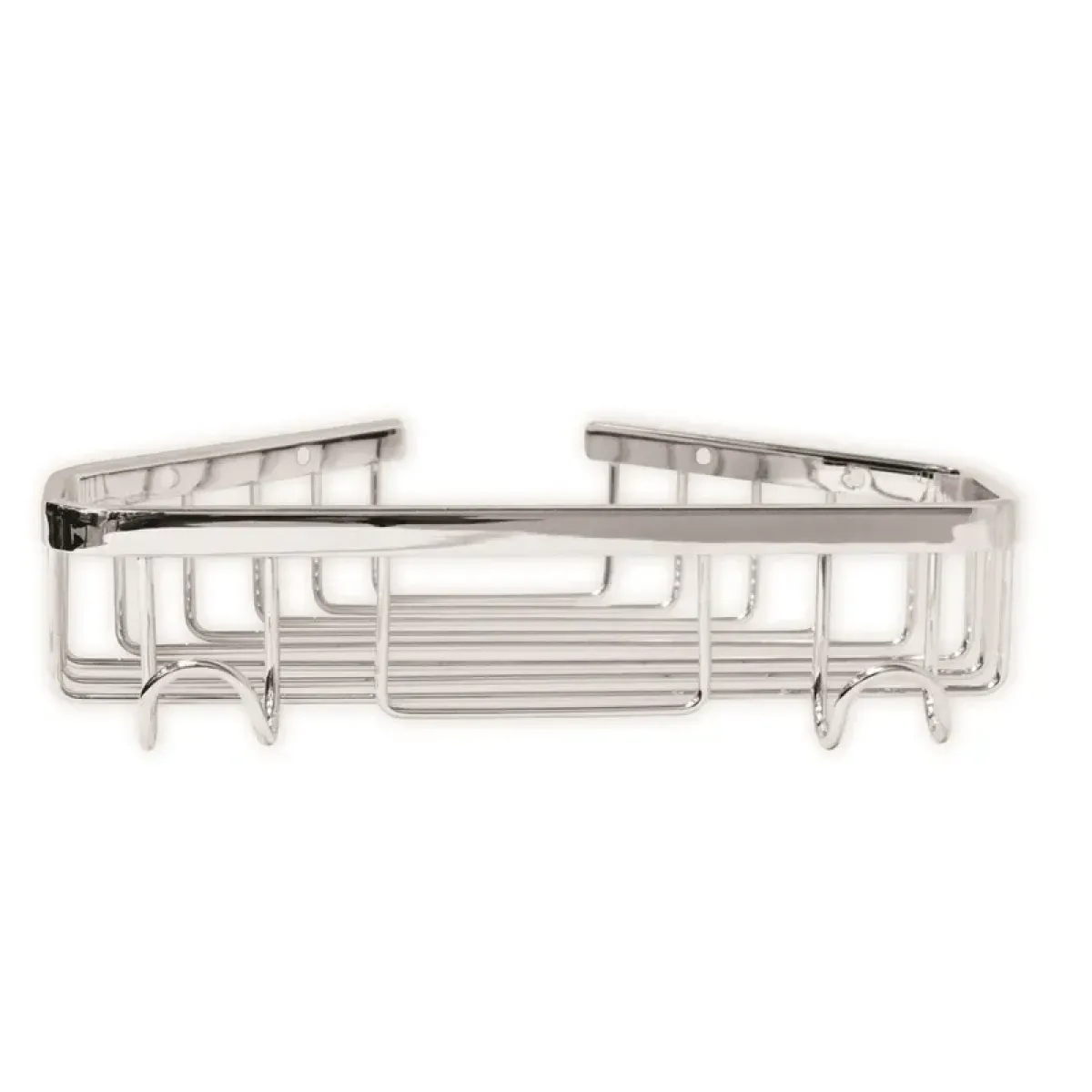 Luxury Chrome Plated Corner Bathroom Shelf with Integrated Hooks Front View by Luxury Group International