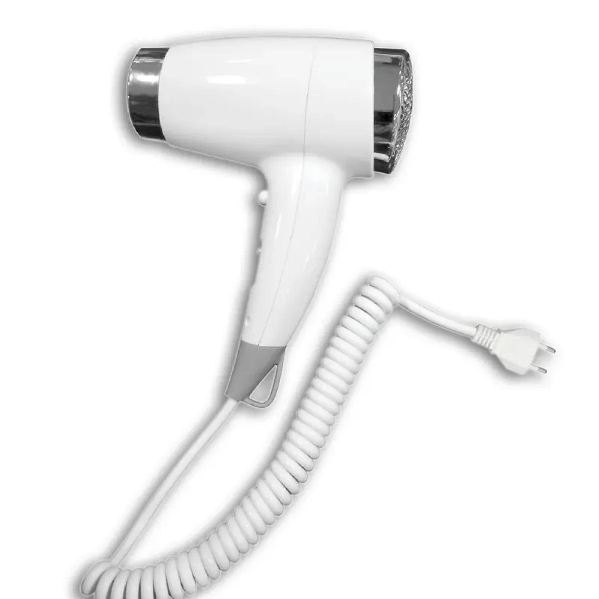 Luxury Compact Hotel Hair Dryer in Chrome Finish with Push-Button Control Front View by Luxury Group International