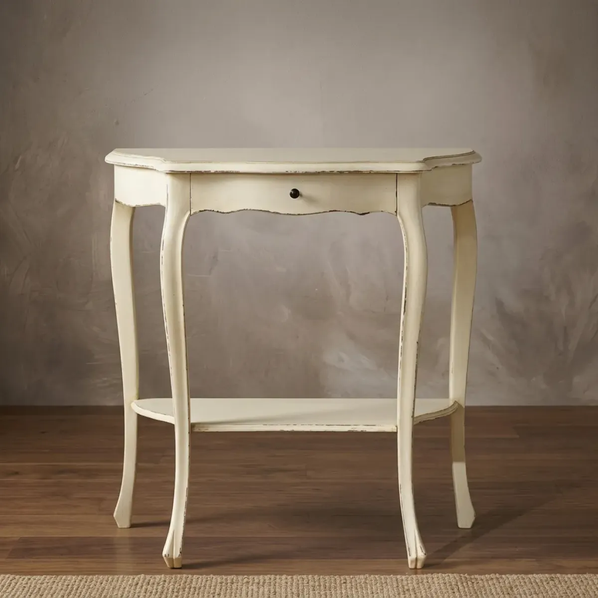 Luxury Console Table with Single Drawer & Lower Display Shelf in Distressed Ivory Finish Front View by Luxury Group International