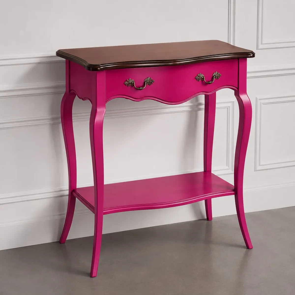 Luxury Designer Fuchsia Console Table with Central Drawer Storage & Lower Display Shelf Front View by Luxury Group International
