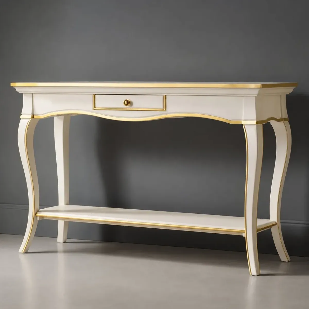 Luxury Designer Ivory Console Table in Gold Accent Finish with Integrated Drawer & Lower Display Shelf Front View by Luxury Group International