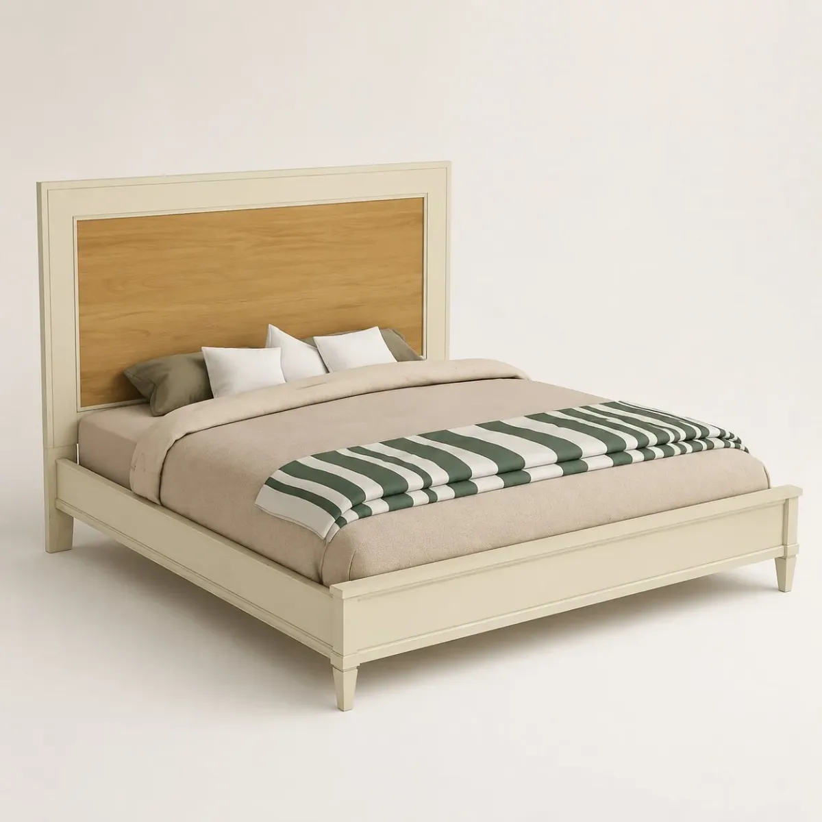 Luxury Designer Wooden Bed with Oak Panel Headboard in White Base Frame Front View by Luxury Group International