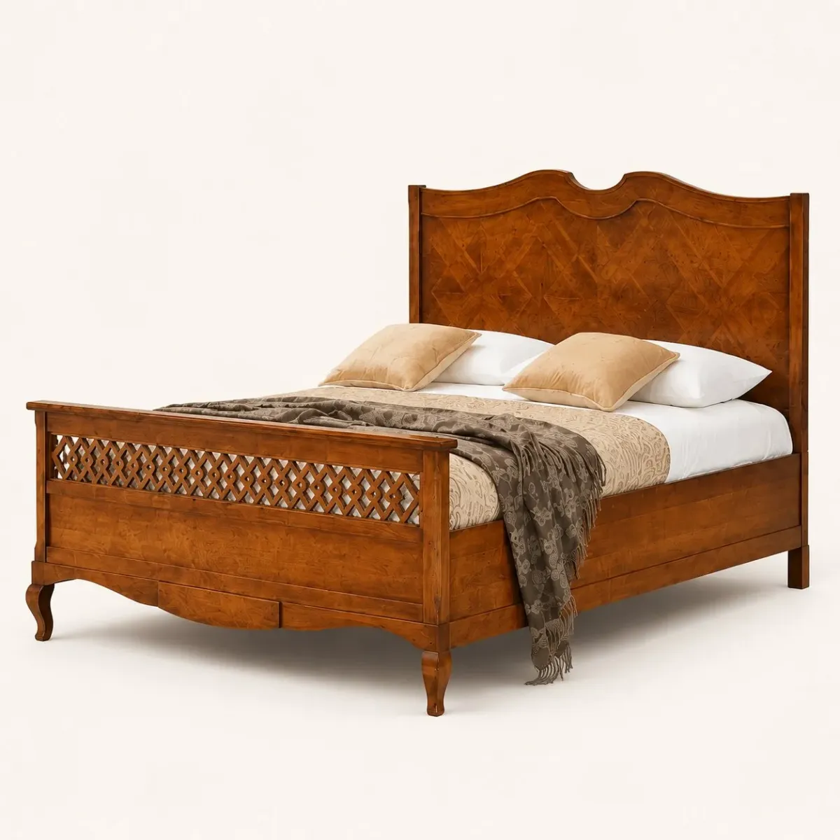 Luxury Designer Wooden Bed with Parquet Inlay Headboard & Lattice Footboard Front View by Luxury Group International