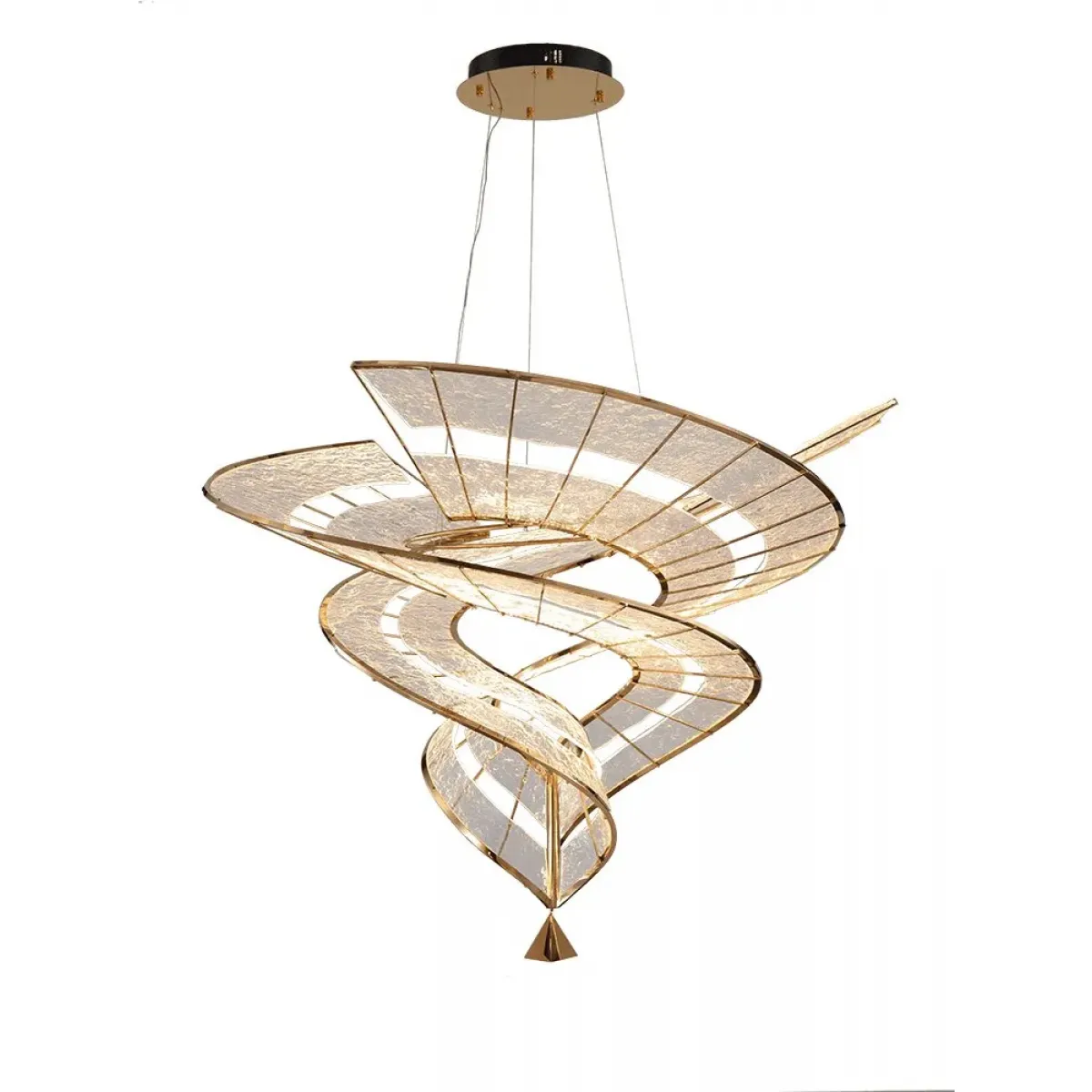 Lussuoso ed Elegante Lampadario a Spirale in Metallo Oro Champagne con Struttura a Nastro Vista frontale di Luxury Group International