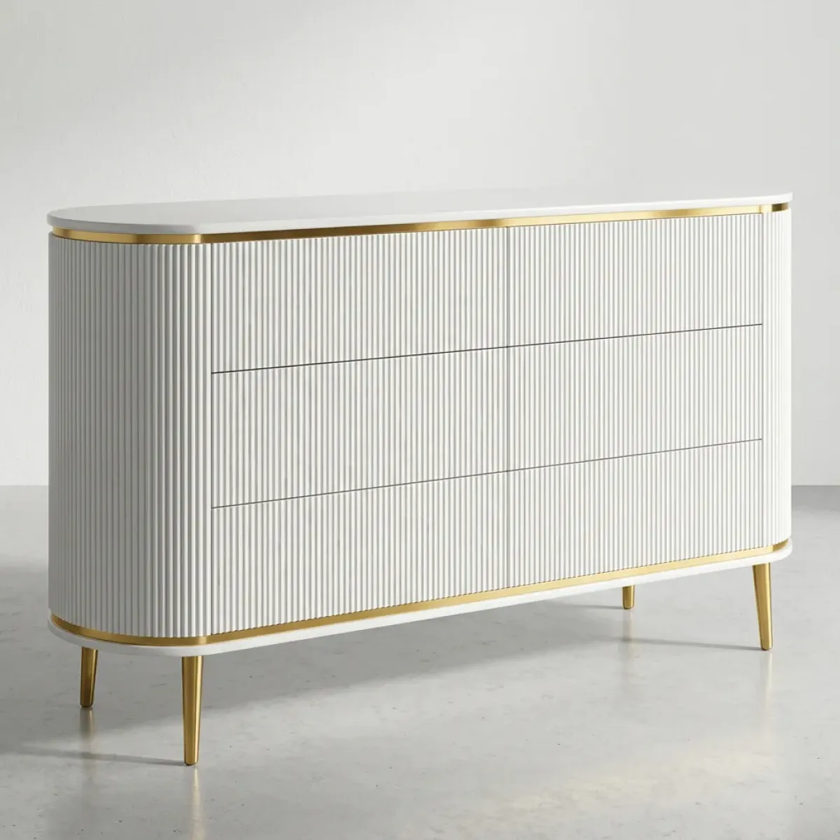 Luxury Fluted White Canneté Chest of Drawers in Metallic Gold Trim Finish with Tapered Legs Front View by Luxury Group International