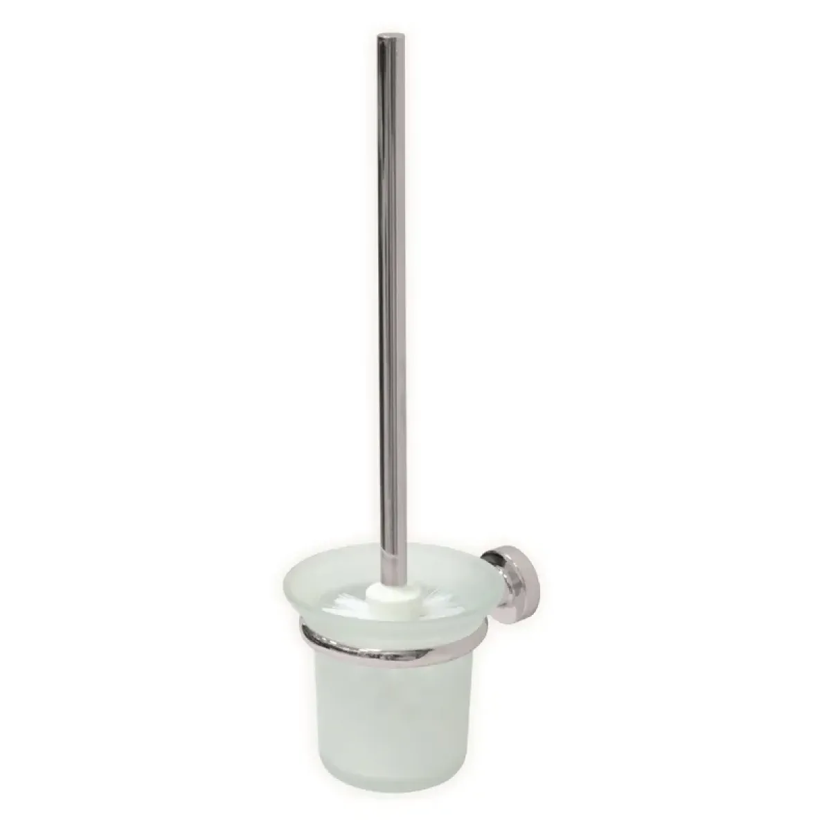 Luxury Frosted Glass Toilet Brush Holder with Chrome Plated Wall Mount Front View by Luxury Group International