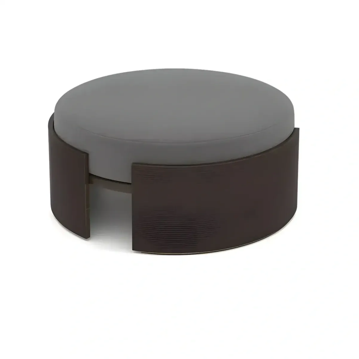 Luxury Grey Upholstered Stool with Dark Brown Wooden Base - Ø90 Front View by Luxury Group International